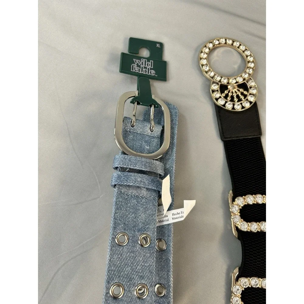 Womens Belt Lot 3 Rhinestone Stretch‎ Denim Grommet Gold Braided Boho